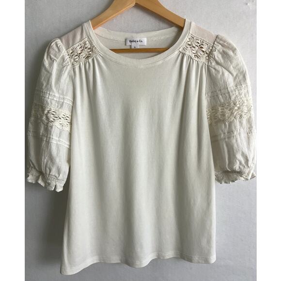 Hailey and Co Womens Lace Puff Sleeve Tee White Small - Picture 2 of 9